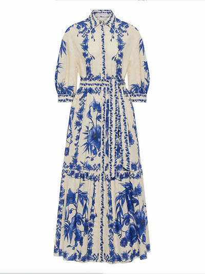 Loose Puff Sleeves Floral Printed Pleated Split-Joint Tied Waist Lapel Maxi Dresses Shirt Dress