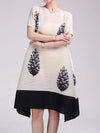 A-Line Loose Flower Print Pleated Round-Neck Midi Dresses