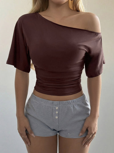 Short Sleeves Solid Color One-Shoulder T-Shirts Tops