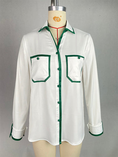 Long Sleeves Loose Buttoned Contrast Color Pockets Lapel Blouses&Shirts Tops