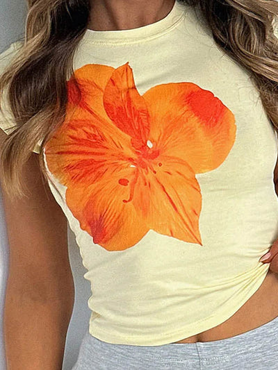 Short Sleeves Skinny Flower Print Round-Neck T-Shirts Tops