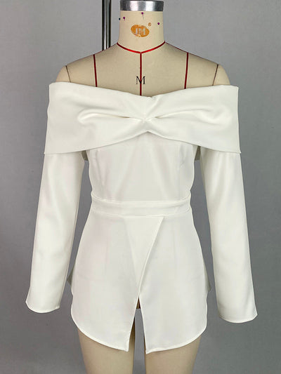 Long Sleeves Loose Pleated Solid Color Split-Front Off-The-Shoulder Blouses&Shirts Tops