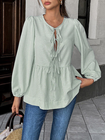 Long Sleeves Loose Elasticity Pleated Striped Tied Round-Neck Blouses&Shirts Tops