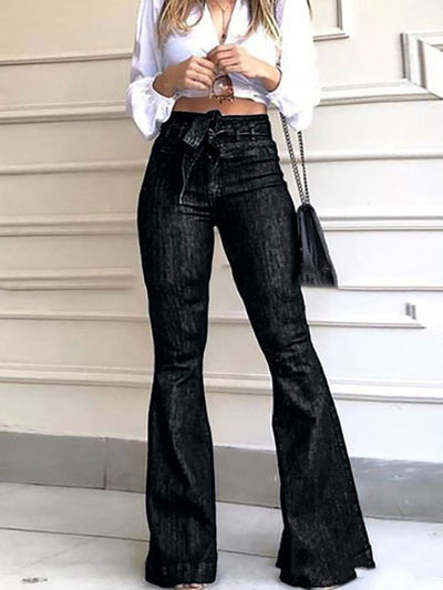 Flared Pants High Waisted Solid Color Tied Waist Jean Pants Bottoms