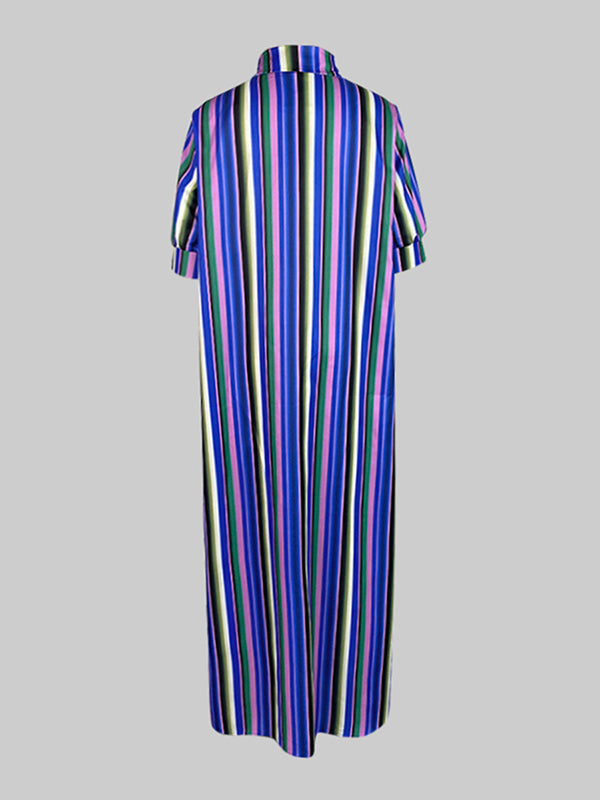 Long Sleeves Loose Split-Joint Striped Lapel Maxi Dresses Shirt Dress