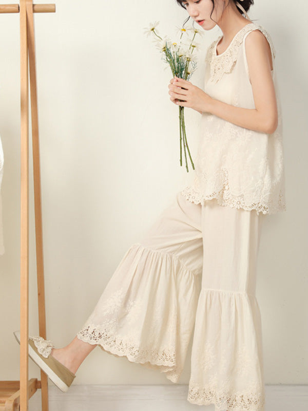 Vintage Loose Embroidered High Waisted Wide Leg Flared Pants
