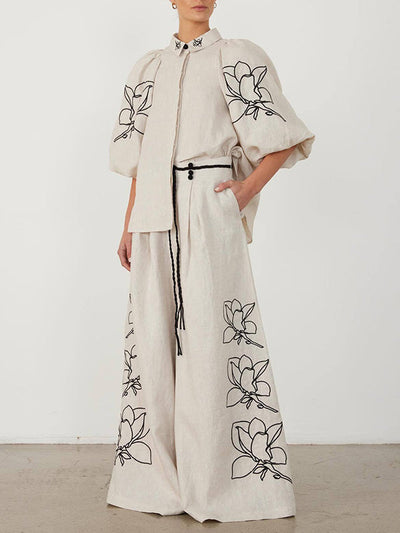 Loose Puff Sleeves Pleated Printed Split-Joint Lapel Blouses&Shirts Tops