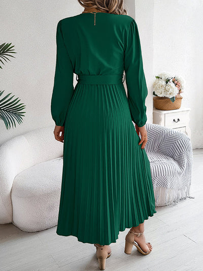 High Waisted Long Sleeves Belted Buttoned Pleated Solid Color V-Neck Maxi Dresses
