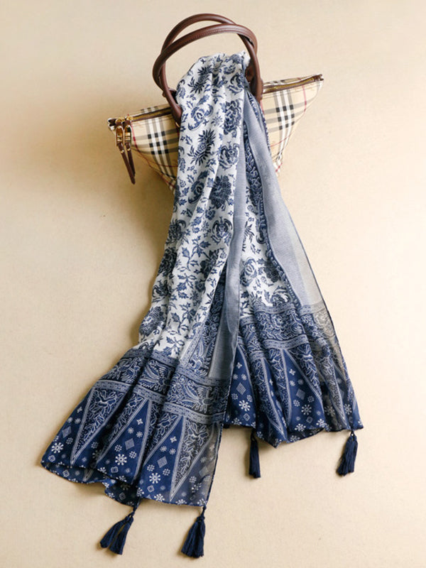 Printed Blue-And-White Sun-Protection Tasseled Shawl&Scarf