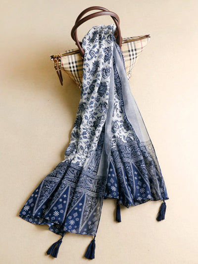 Printed Blue-And-White Sun-Protection Tasseled Shawl&Scarf