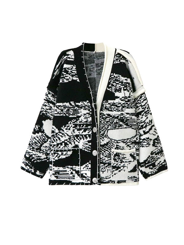 Long Sleeves Loose Abstract Printed Buttoned Contrast Color Pockets Split-Joint Collarless Cardigan Tops Outerwear
