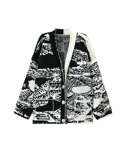 Long Sleeves Loose Abstract Printed Buttoned Contrast Color Pockets Split-Joint Collarless Cardigan Tops Outerwear
