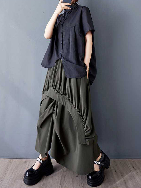 A-Line Loose Asymmetric Elasticity Pleated Pockets Solid Color Skirts Bottoms