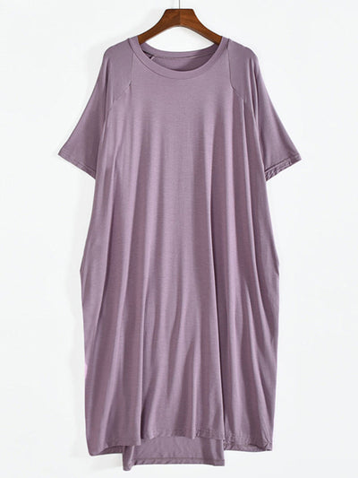 Simple Loose Half Sleeves Solid Color Round-Neck Pajamas Dress