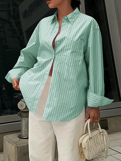 Long Sleeves Loose Buttoned Contrast Color Pockets Striped Lapel Blouses&Shirts Tops