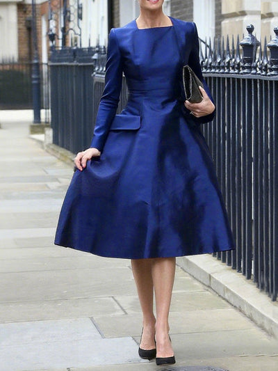 A-Line High Waisted Pockets Solid Color Square-Neck Midi Dresses