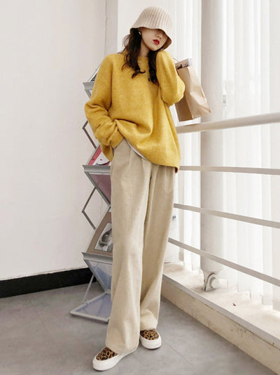 Simple Loose Long Sleeves Round-Neck Sweater Tops Pullovers