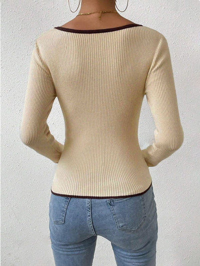 Long Sleeves Skinny Contrast Color Pleated Split-Joint V-Neck T-Shirts