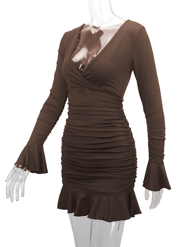 Bodycon Elasticated Waist Pleated Ruffled Solid Color Split-Joint V-Neck Midi Dresses