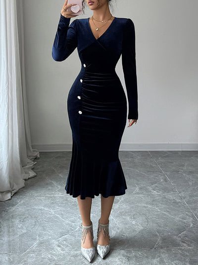 Bodycon High Waisted Buttoned Pleated Solid Color Velvet V-Neck Midi Dresses