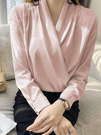 Long Sleeves Loose Buttoned Solid Color V-Neck Blouses&Shirts Tops