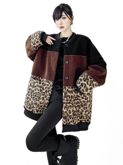 Long Sleeves Loose Buttoned Contrast Color Reversible Split-Joint Round-Neck Cardigan Tops Outerwear