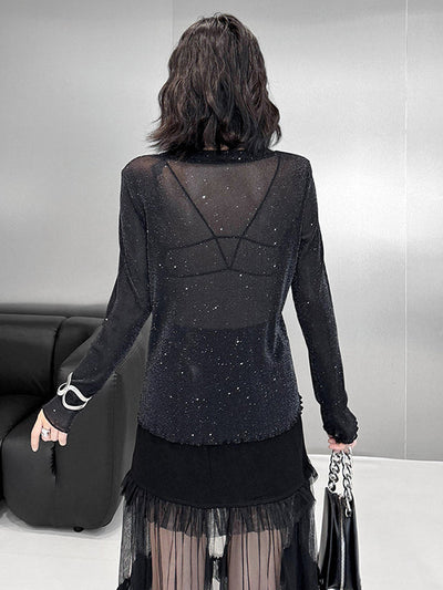 Long Sleeves Loose See-Through Shiny Round-Neck T-Shirts Tops