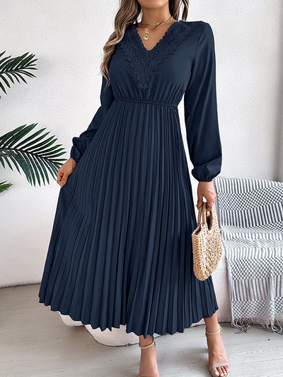 Elasticated Waist High Waisted Pleated Solid Color V-Neck Midi Dresses