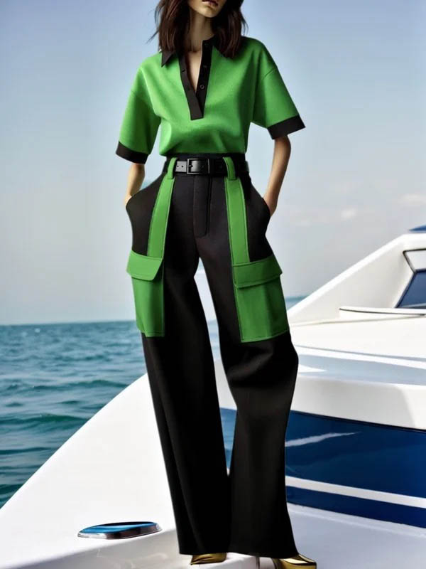 Half Sleeves Loose Contrast Color Lapel Blouses&Shirts Tops