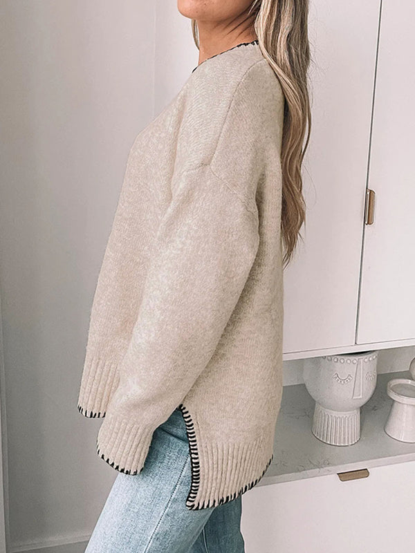 High-Low Long Sleeves Split-Joint Split-Side Round-Neck Pullovers Sweater Tops