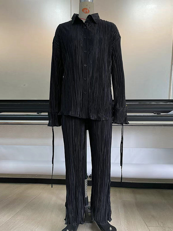 Flared Sleeves Long Sleeves Buttoned Drawstring Pleated Solid Color Split-Side Lapel Shirts Top + Pants Bottom Pajama Sets