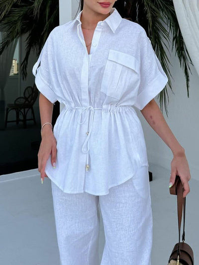 Loose Drawstring Split-Joint Tied Waist Lapel Blouse + High Waisted Pants Trousers Two Pieces Set