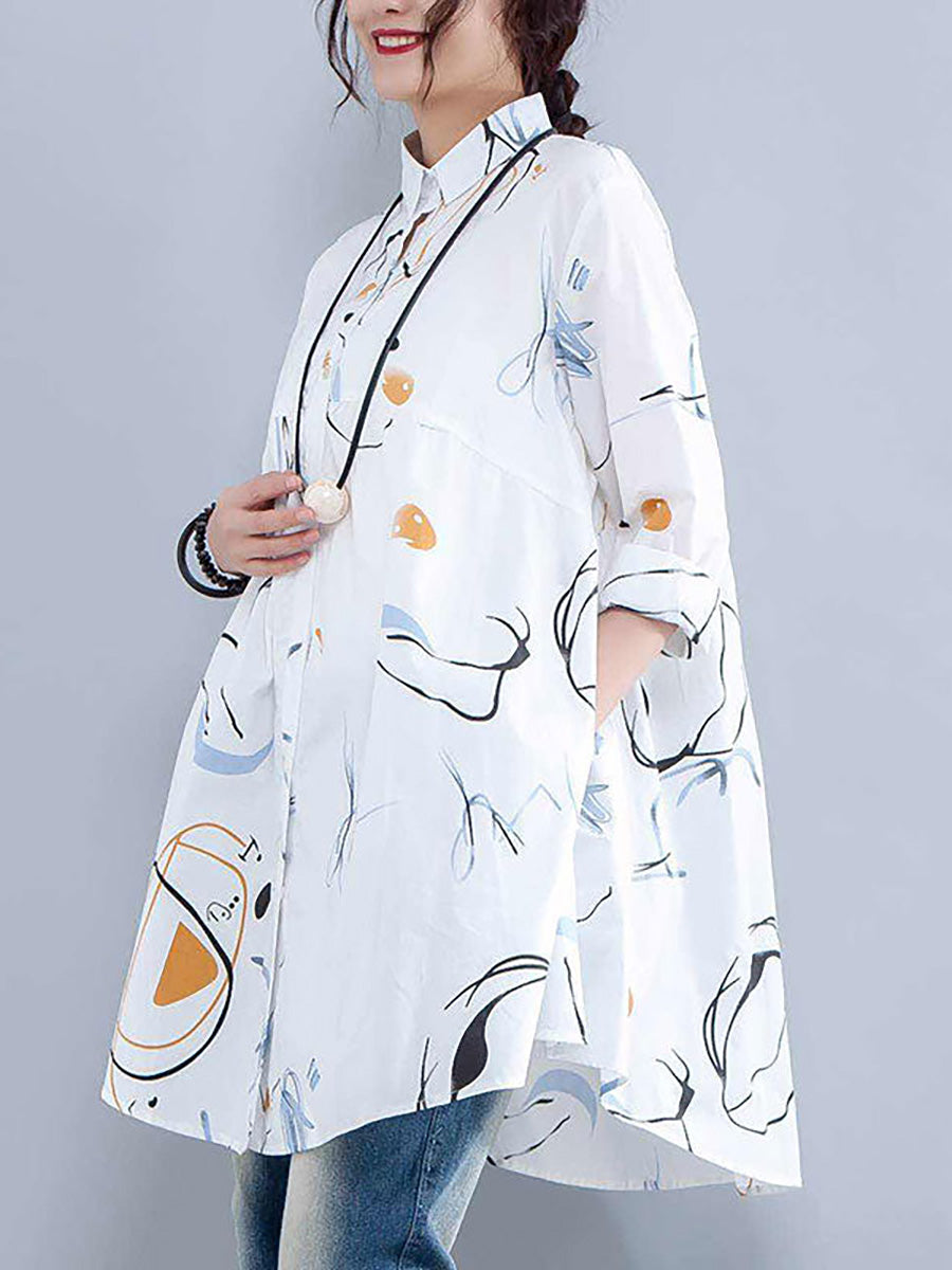 Plus Size Printed Single Breasted Polo Collar Shirt