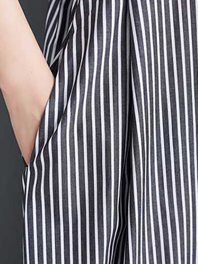 Cap Sleeve Loose Buttoned Striped Lapel Maxi Dresses Shirt Dress