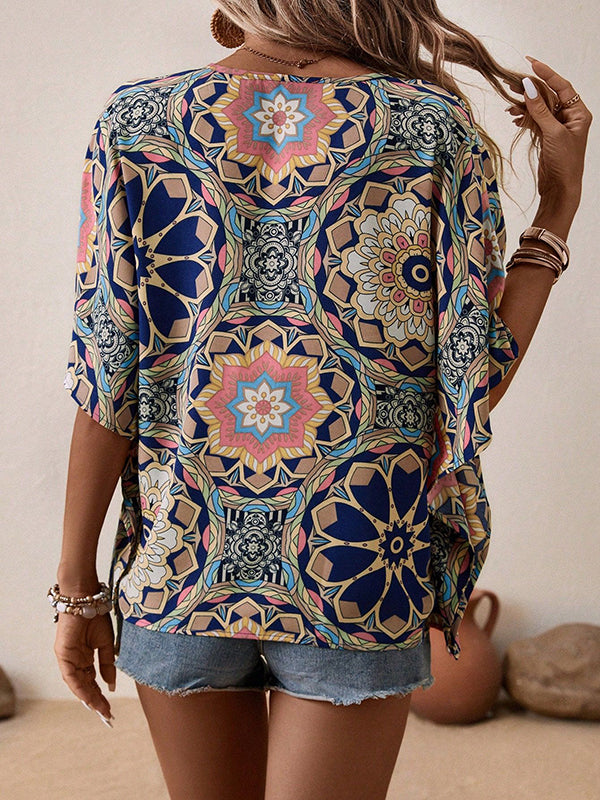 Batwing Sleeves Loose Buttoned Flower Print V-Neck Blouses&Shirts Tops