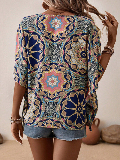 Batwing Sleeves Loose Buttoned Flower Print V-Neck Blouses&Shirts Tops