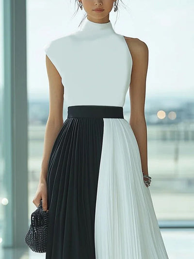 High Waisted Loose Contrast Color Pleated Mock Neck Maxi Dresses