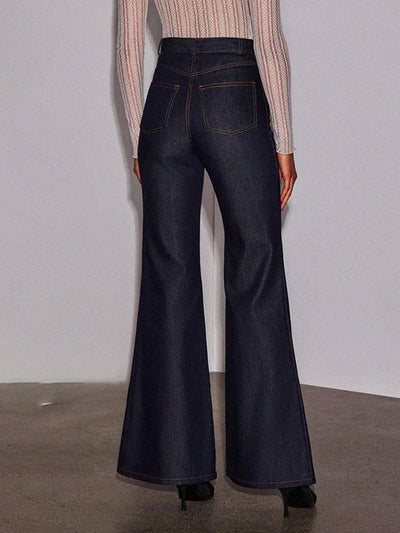 High Waisted Wide Leg Pockets Solid Color Jean Pants Bottoms