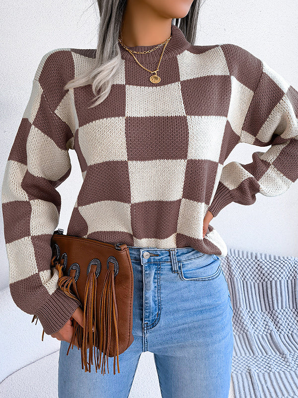 Long Sleeves Loose Contrast Color Plaid Round-Neck Sweater Tops