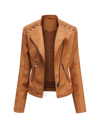 Long Sleeves Split-Joint Zipper Mock Neck PU Jackets Outerwear