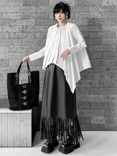 Hipster Irregularity Asymmetric Pleated Solid Color Round-Neck Blouses&Shirts Tops