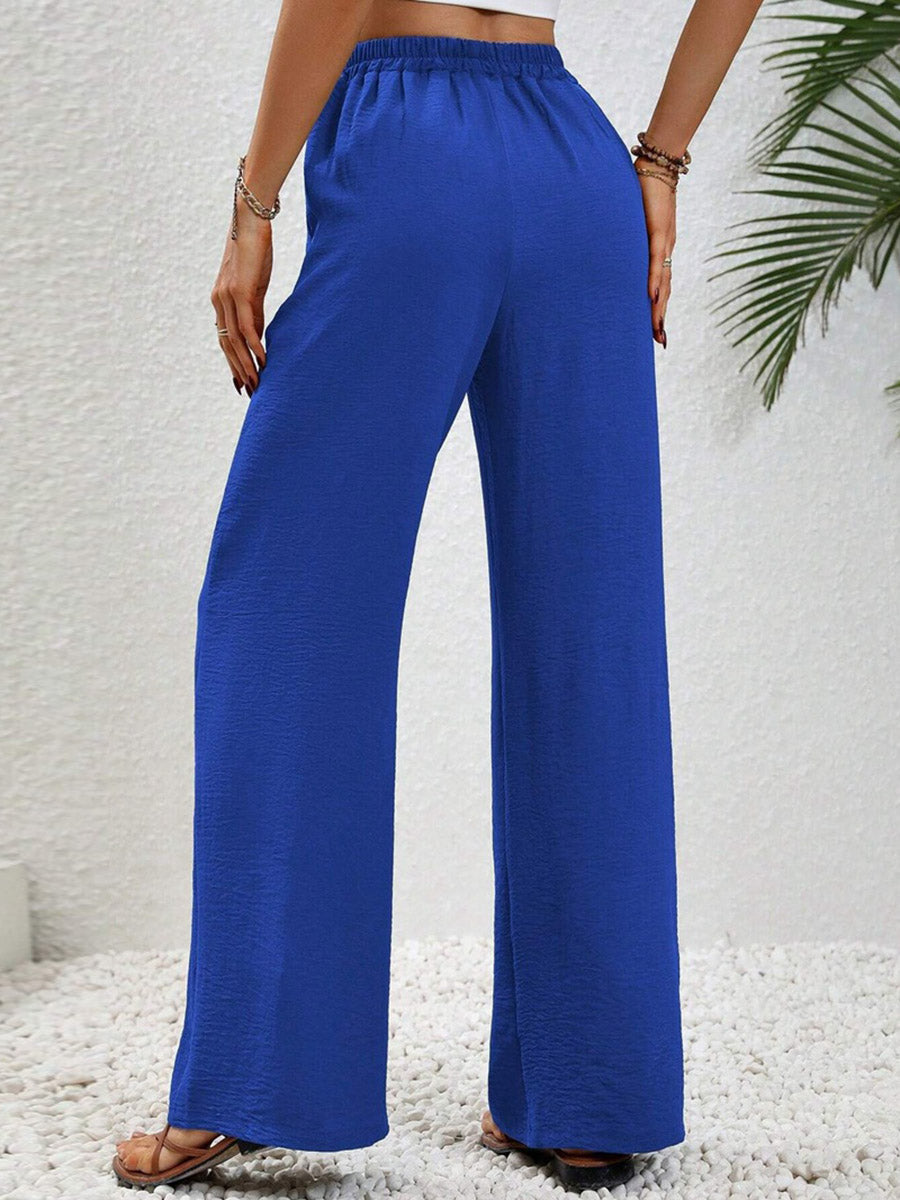 High Waisted Loose Elasticity Pleated Solid Color Tied Waist Pants Trousers