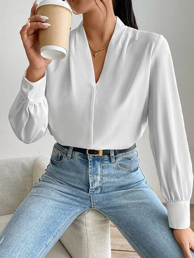Long Sleeves Loose Pleated Solid Color Split-Joint V-Neck Blouses&Shirts Tops