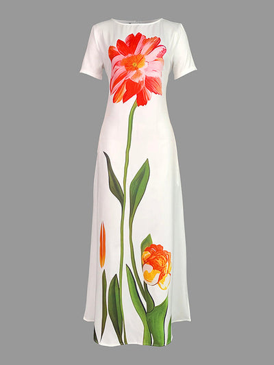 Short Sleeves Flower Print Boat Neck Maxi Dresses