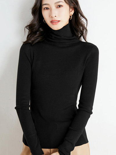 Simple Skinny Long Sleeves Solid Color High-Neck Sweater Tops Pullovers