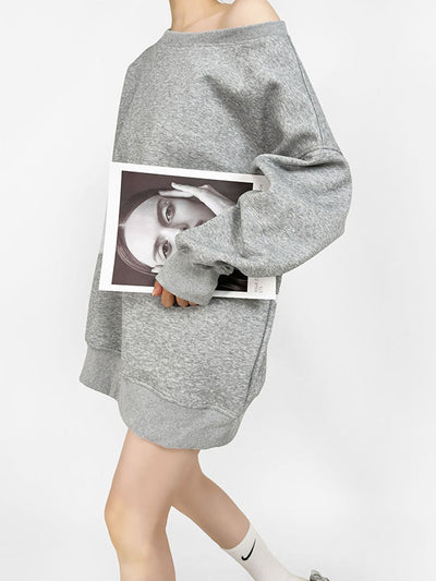 Long Sleeves Loose Solid Color Split-Joint Round-Neck Sweatshirt Tops