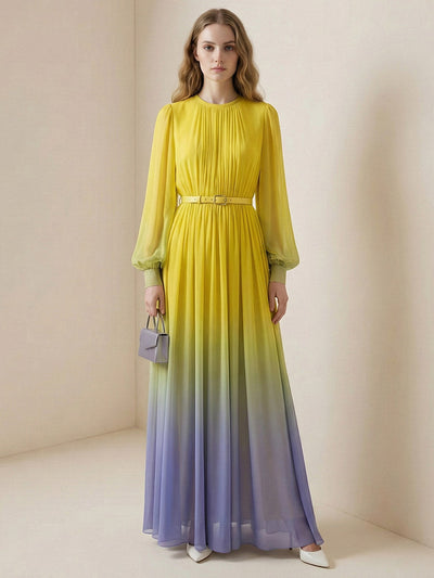 High Waisted Long Sleeves Belted Contrast Color Gradient Pleated Split-Joint Round-Neck Maxi Dresses