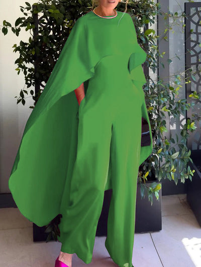Cape Loose Pockets Solid Color Round-Neck Jumpsuits