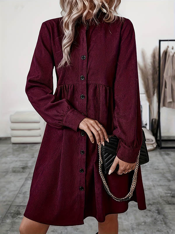 A-Line Elasticated Waist Belted Buttoned Pleated Solid Color Split-Joint Stand Collar Midi Dresses Shirt Dress