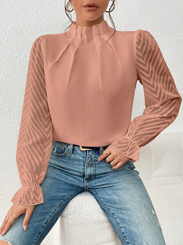 Long Sleeves Loose Elasticity Mesh Pleated Solid Color Mock Neck Blouses&Shirts Tops
